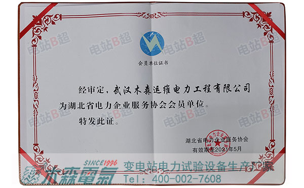 木森電氣入駐湖北電力企業(yè)服務協(xié)會會員證書
